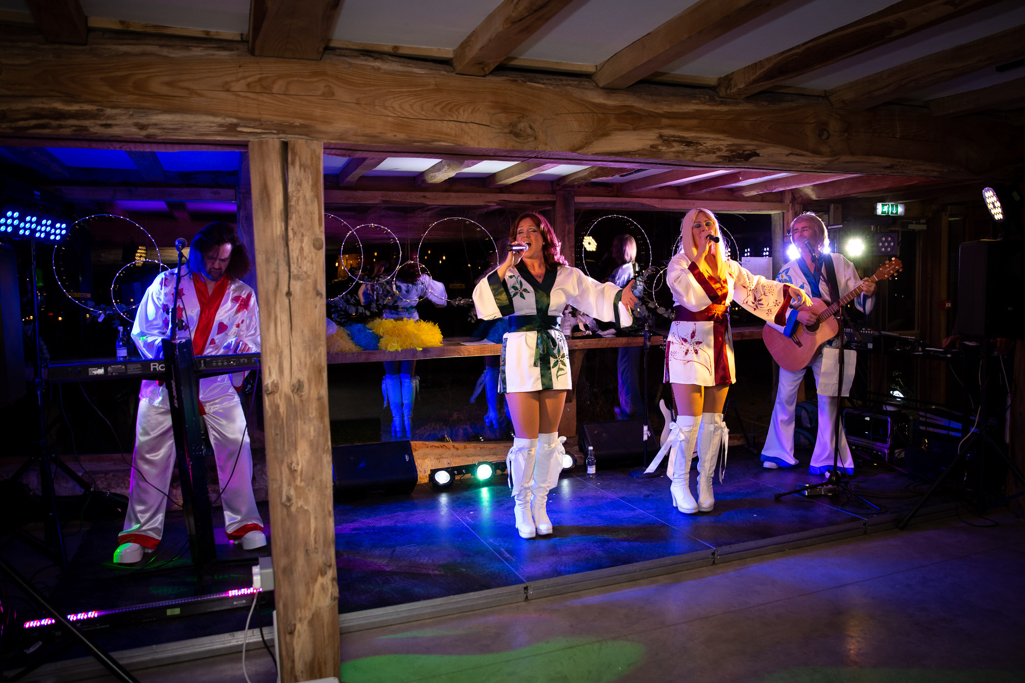 Abba Tribute band for Apres ski themed 50th birthday part at Kingdom in Penshurst photographed by Claire Williamson of Little Olives Photography